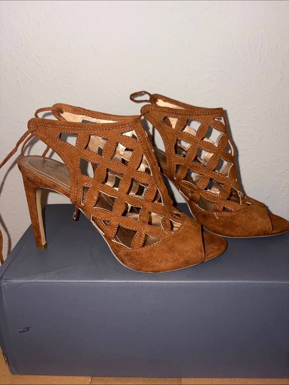 BCBG Brown Suede Cutout Lace-Up High Heel Sandals - Women